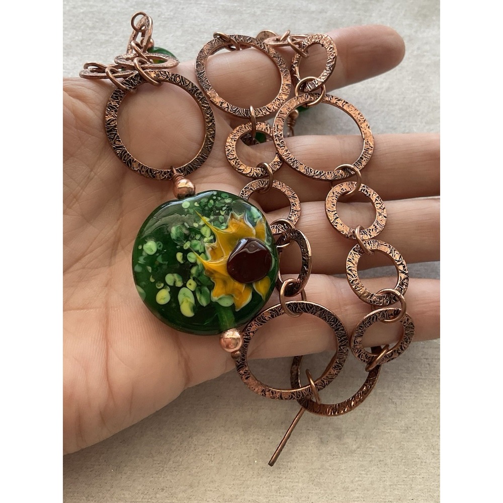 artisan copper and green glass jewelry set Earrings + Necklace Vintage Estate - Picture 3 of 8
